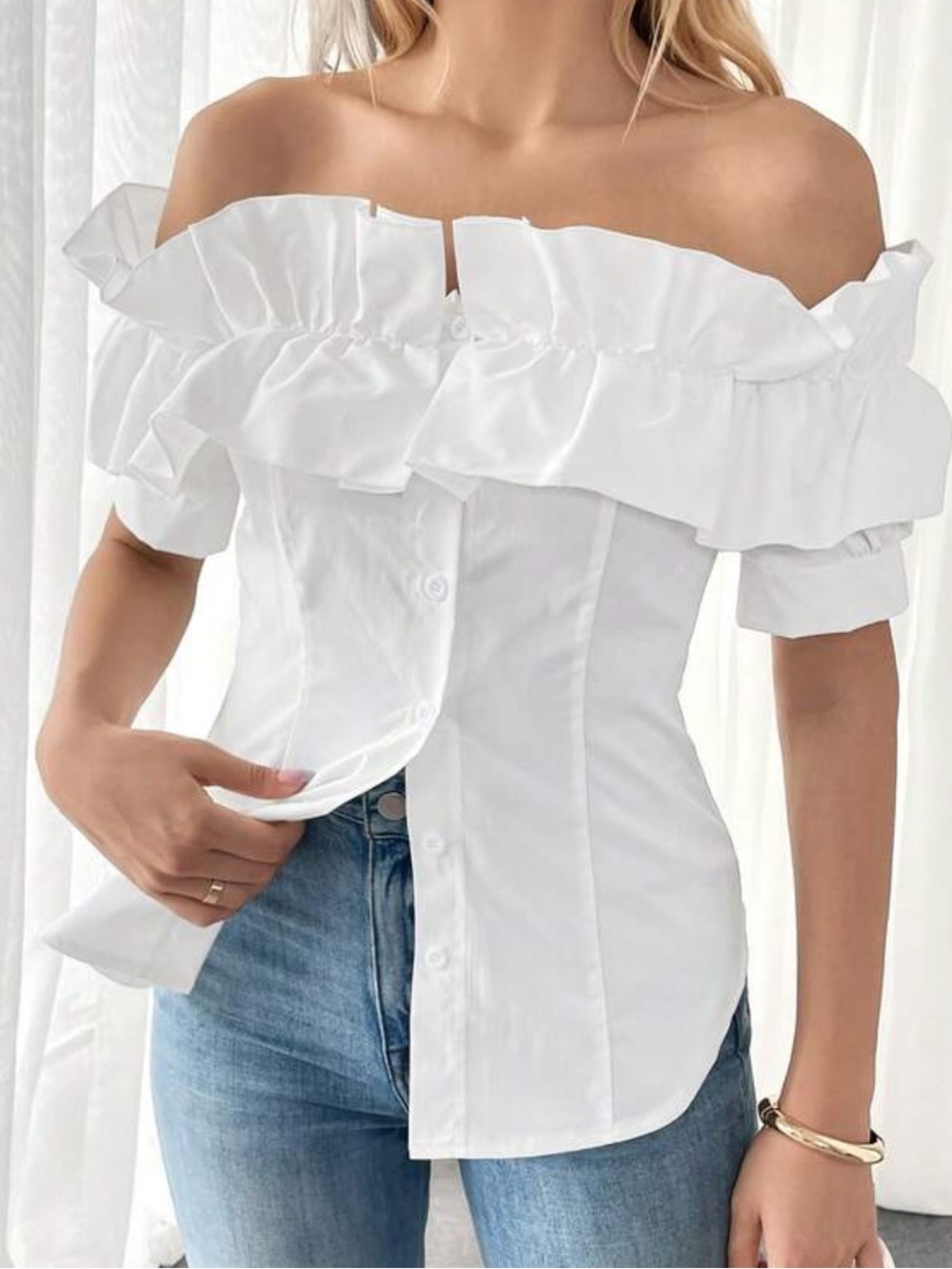 SHEIN off the shoulder ruffle trim sleeve top